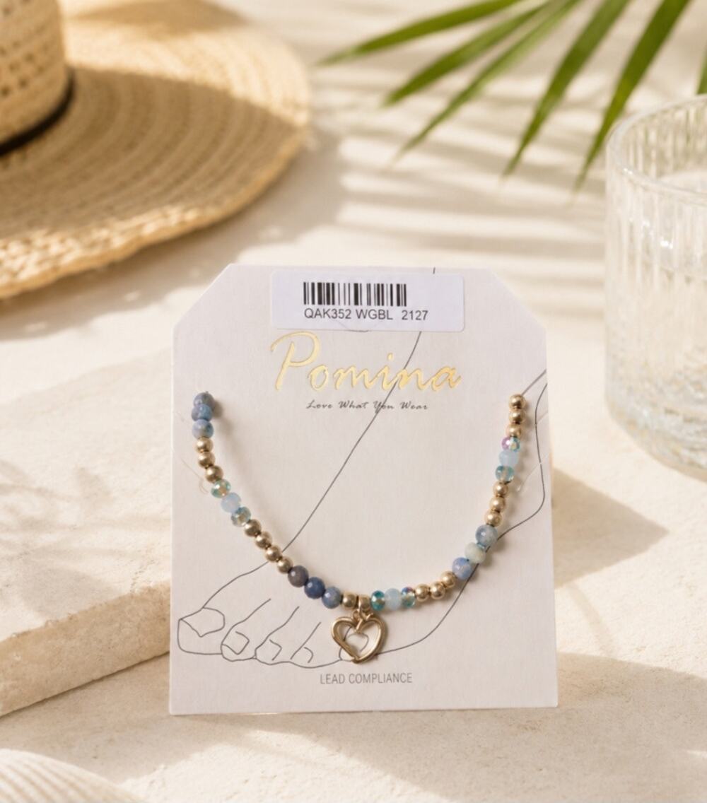 Pomina Blue Crystal Stone Stretch Heart Anklet New